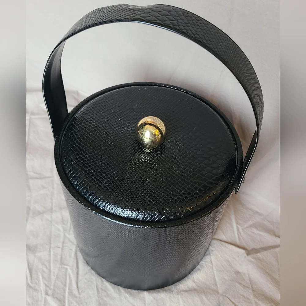Vintage Ice Bucket Georges Briard Black Snake Skin Faux Leather